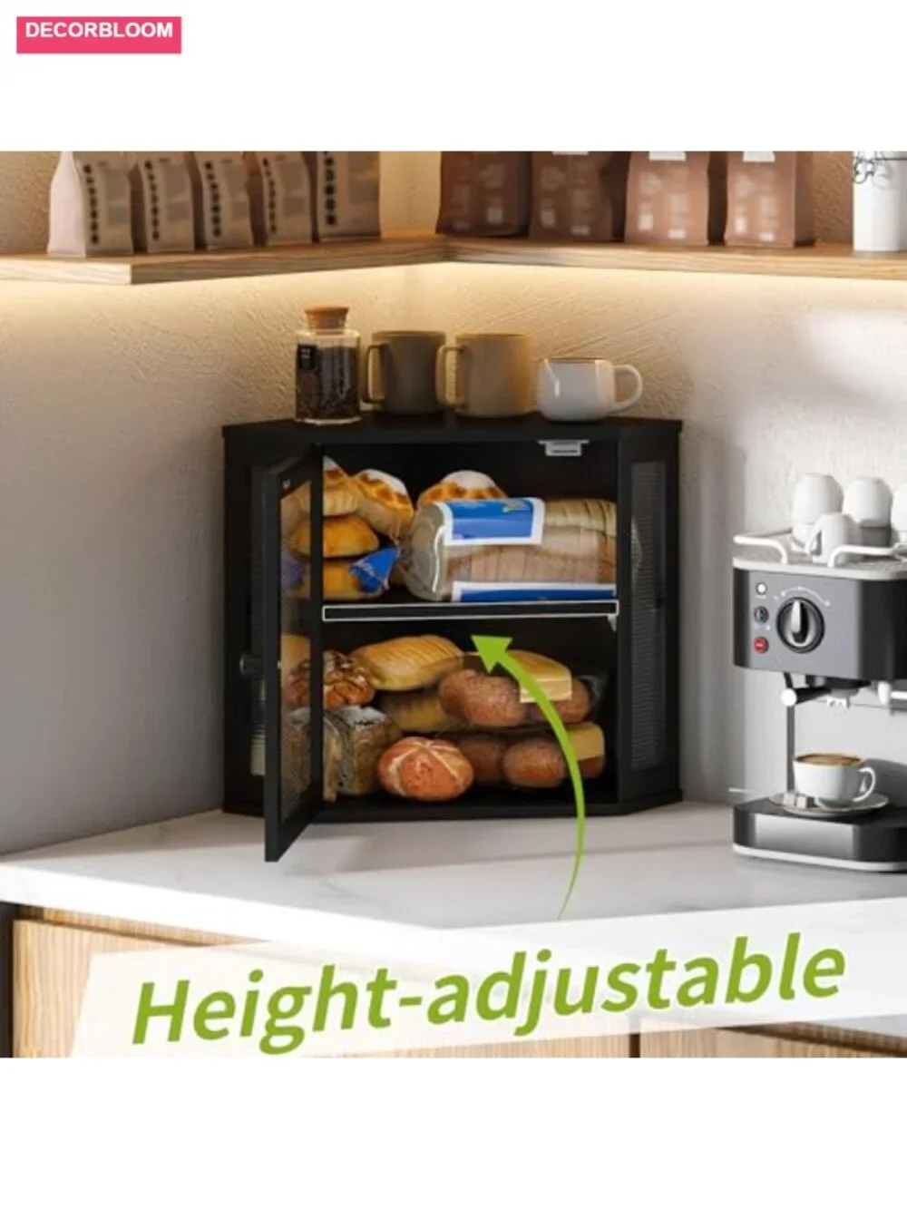 Double Layer Bamboo Bread Box with Acrylic Door, Large Capacity Kitchen